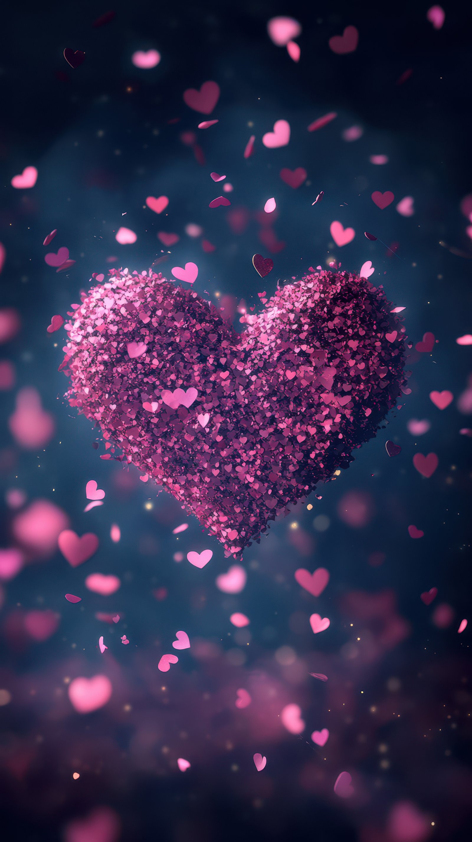 Colorful heart made of tiny hearts surrounded by pink confetti in a dreamy background